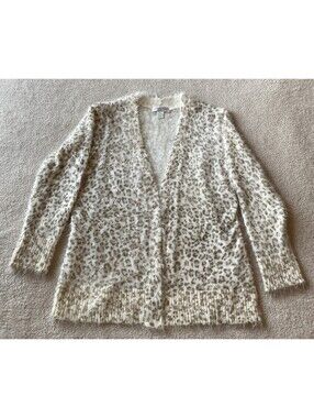 Christopher & Banks Leopard Print Eyelash Open Fuzzy Cardigan Sweater Women's M